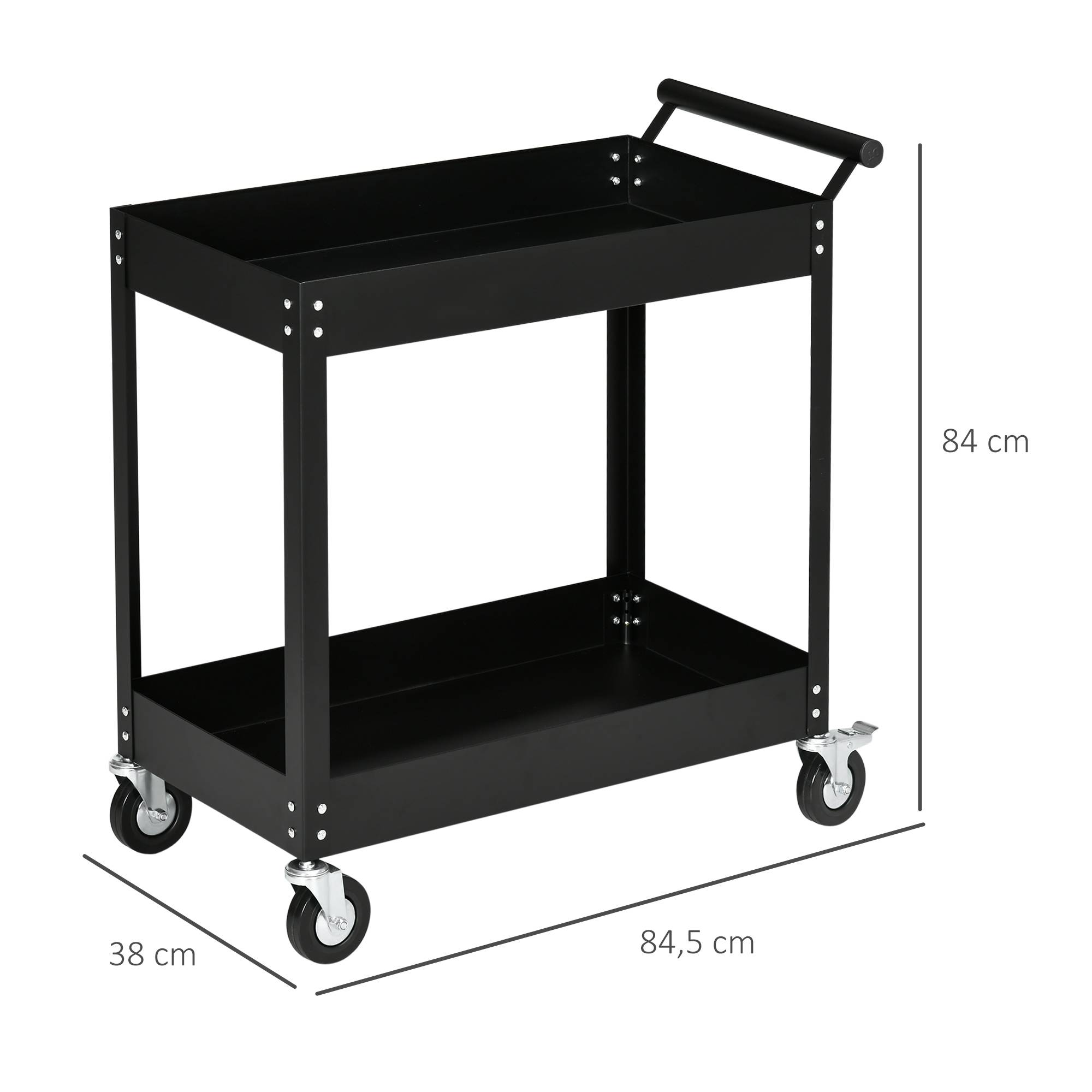 Sans Marque - Chariot d'atelier, 2 niveaux, brouette, 4 roues, acier, jusqu'à 150 kg, 84,5 x 38 x 84 cm, noir - Image 5