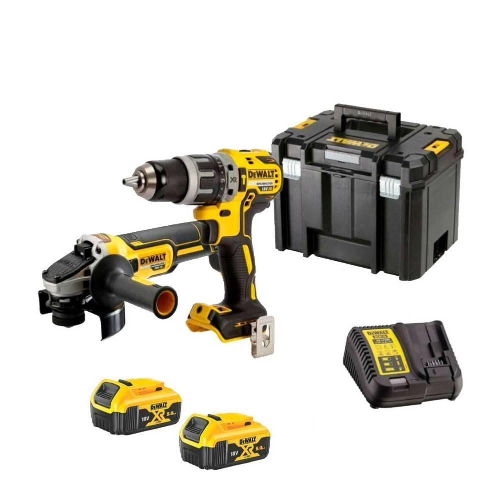 Pack 2 outils XR 18V 5.0 Ah - Perceuse visseuse à percussion DCD796 + meuleuse Ø125 mm DCG405 - DEWALT - avec 2 batteries 18V 5Ah - chargeur - coffret - Image 1