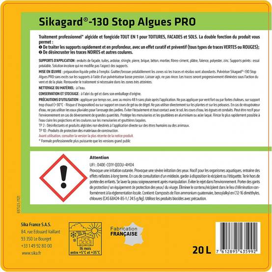 Stop Algues PRO Sikagard-130 - Algicide Fongicide Bidon 20L: toiture, terrasse, extérieur... SIKA - Image 2