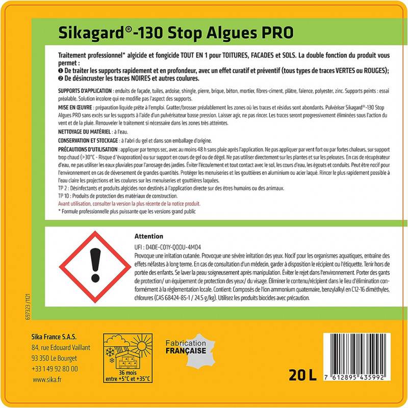 Stop Algues PRO Sikagard-130 - Algicide Fongicide Bidon 20L: toiture, terrasse, extérieur... SIKA - Image 2