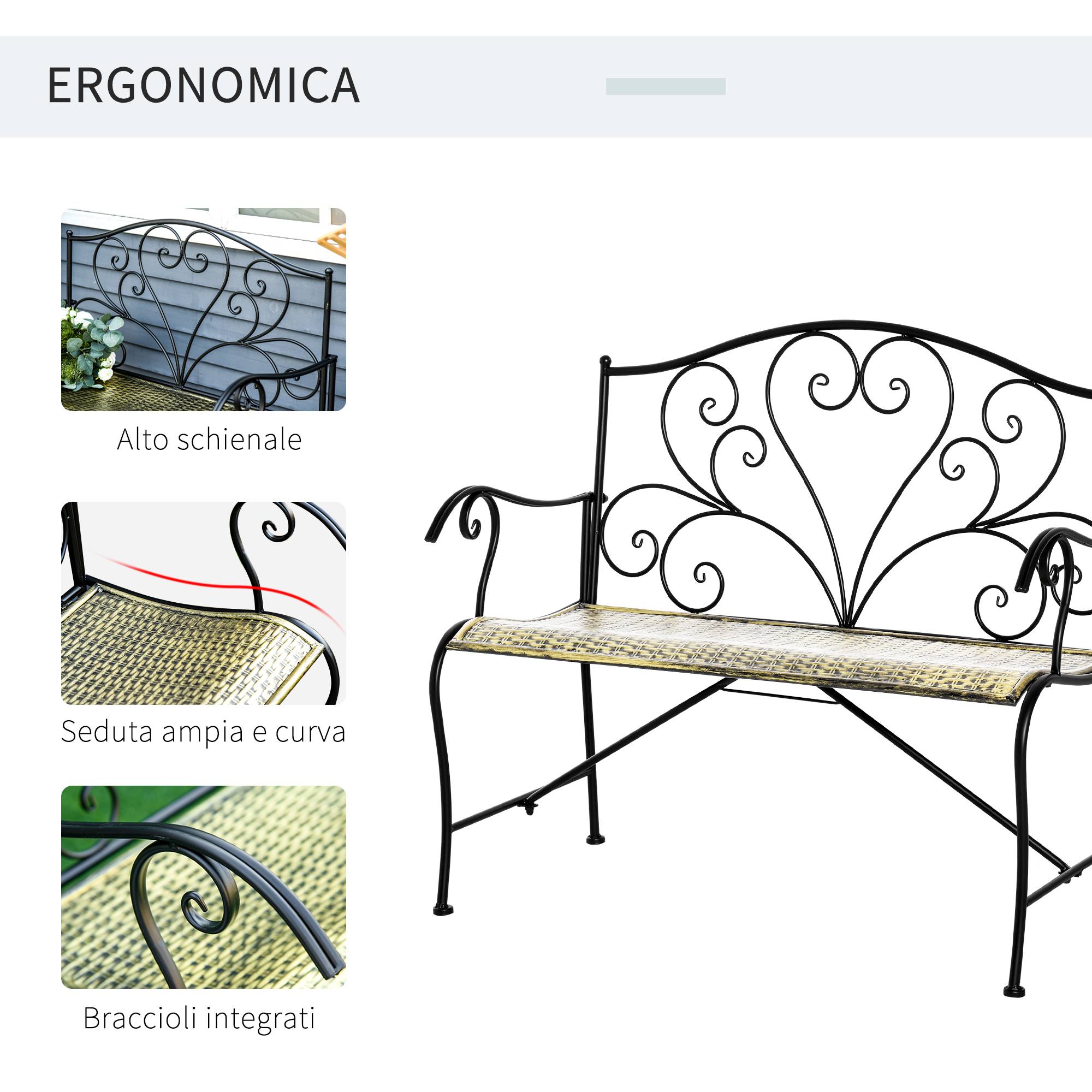 Banc de jardin 2 places fer forgé balcon cour dossier motifs vintage 100x50x88cm noir - ComfortXL Outdoor Living - Image 7