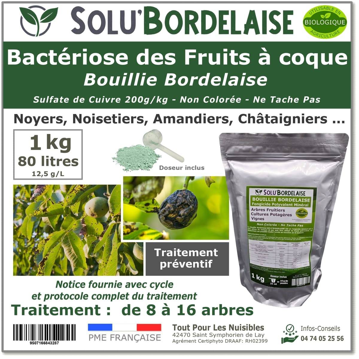Tout pour les nuisibles - Solu'Bordelaise - 1 kg de Bouillie Bordelaise - Bactériose des Fruits à coque - Utilisable Agriculture Biologique -  Sachet Refermable - Image 1