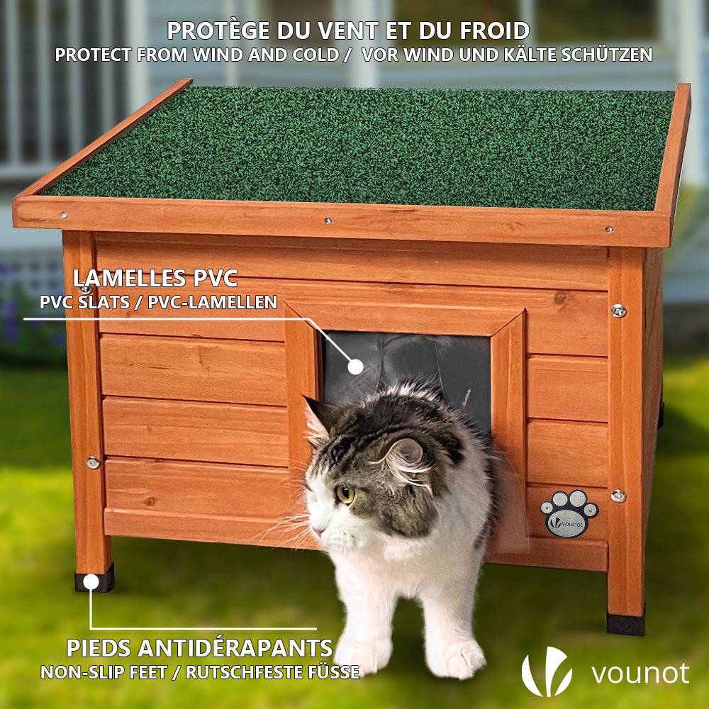 Vounot - Maison pour Chat en bois avec toit bitumé autoportant et porte à lamelles PVC - Image 3