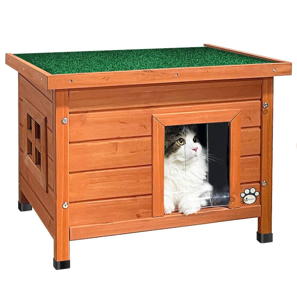 Vounot - Maison pour Chat en bois avec toit bitumé autoportant et porte à lamelles PVC - Image 1