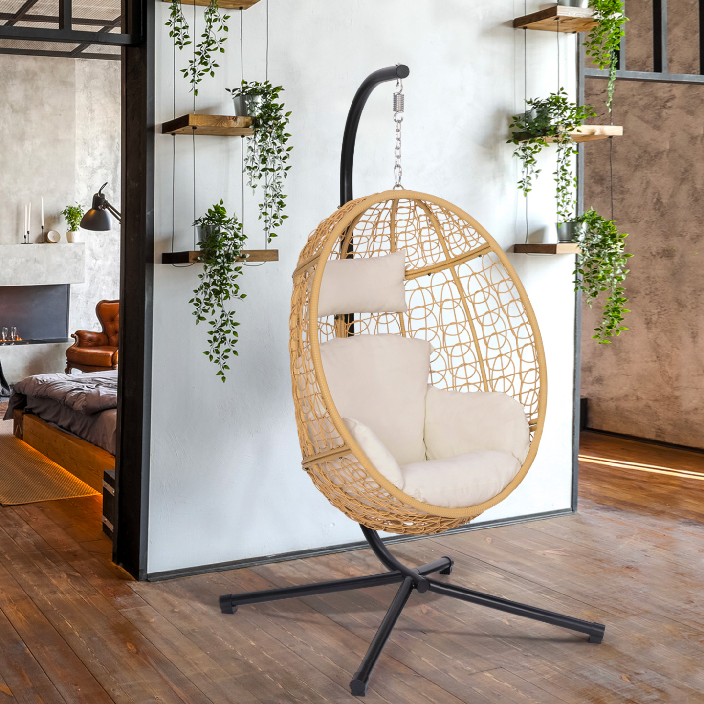 Fauteuil oeuf suspendu ajouré effet rotin avec coussin écru - Image 3