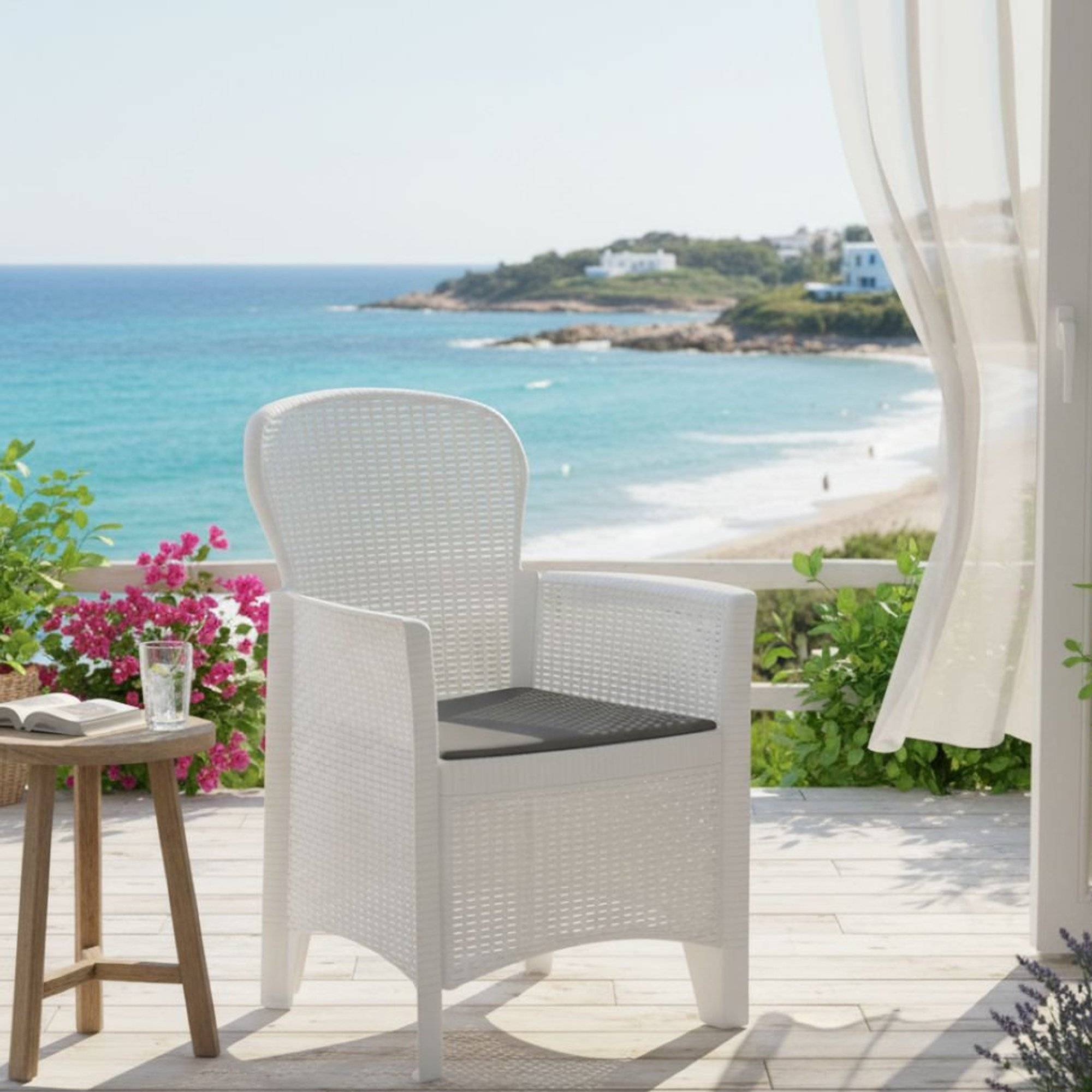 Dmora - Chaise d'extérieur Dboatti, Siège de jardin, Fauteuil d'extérieur effet rotin, 100% Made in Italy, 60x58h89 cm, Blanc - Dmora - Imagen 2