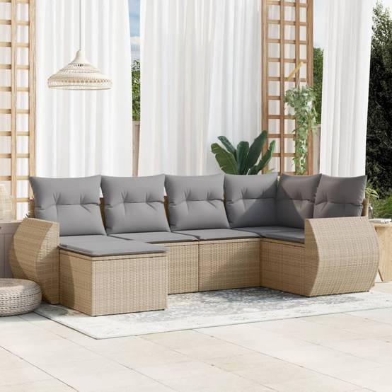 Salon de jardin 6 places modulable avec rangement et pouf en résine tressée pour jardin Beige et Gris Clair – ComfortXL Outdoor Living - Image 1