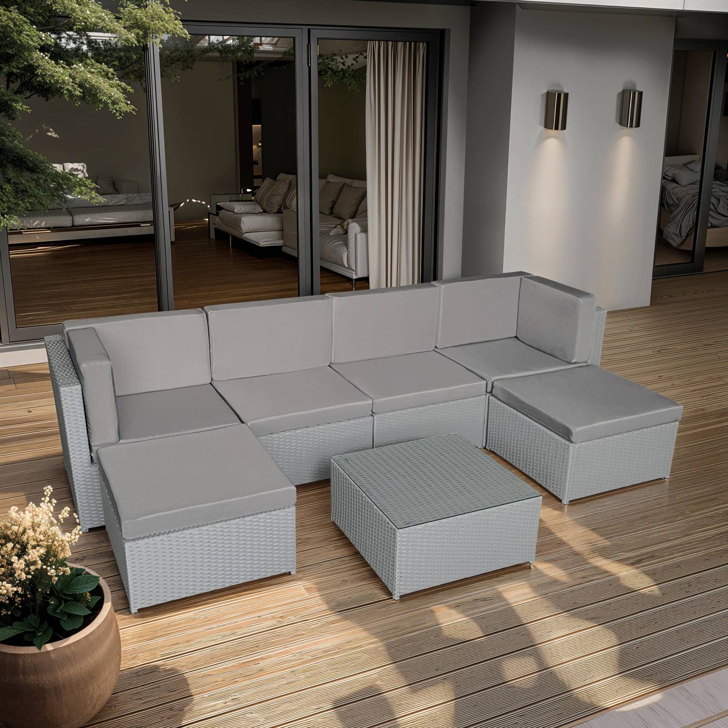 Salon de jardin BONIFACIO en résine tressée gris 6 places - coussin gris - HAPPY GARDEN - Imagen 6
