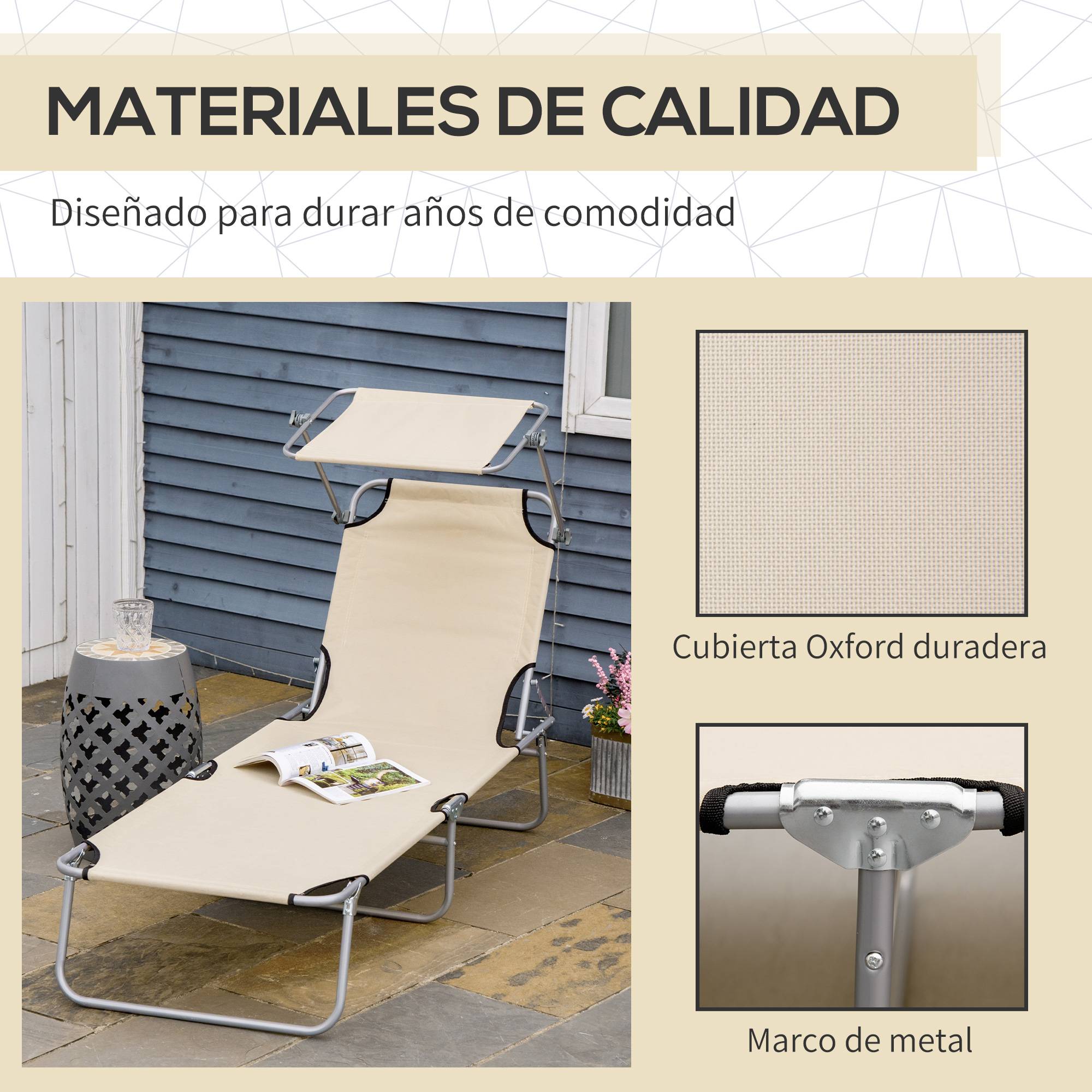 Transat de jardin pliable avec auvent et dossier inclinable pour terrasse, camping, 187 x 58 x 36 cm, beige - Image 9