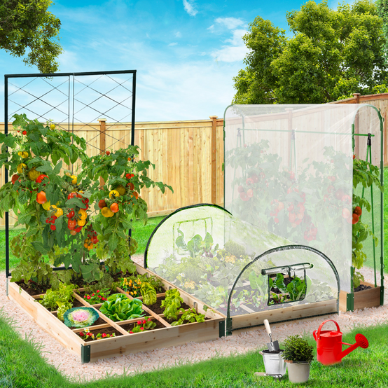 Kit complet 3 bacs modulables carrés potager et serre à tomates + treillis + housse - Image 1
