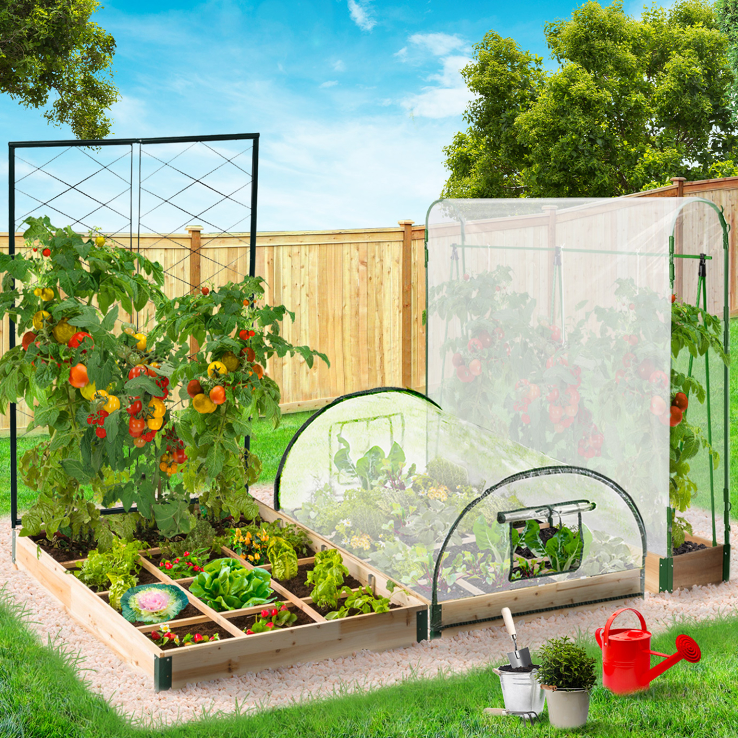 Kit complet 3 bacs modulables carrés potager et serre à tomates + treillis + housse - Image 1
