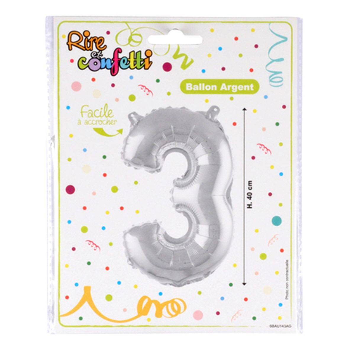 Ballon Gonflable Métallisé "Chiffre 3" 40cm Argent - Image 2