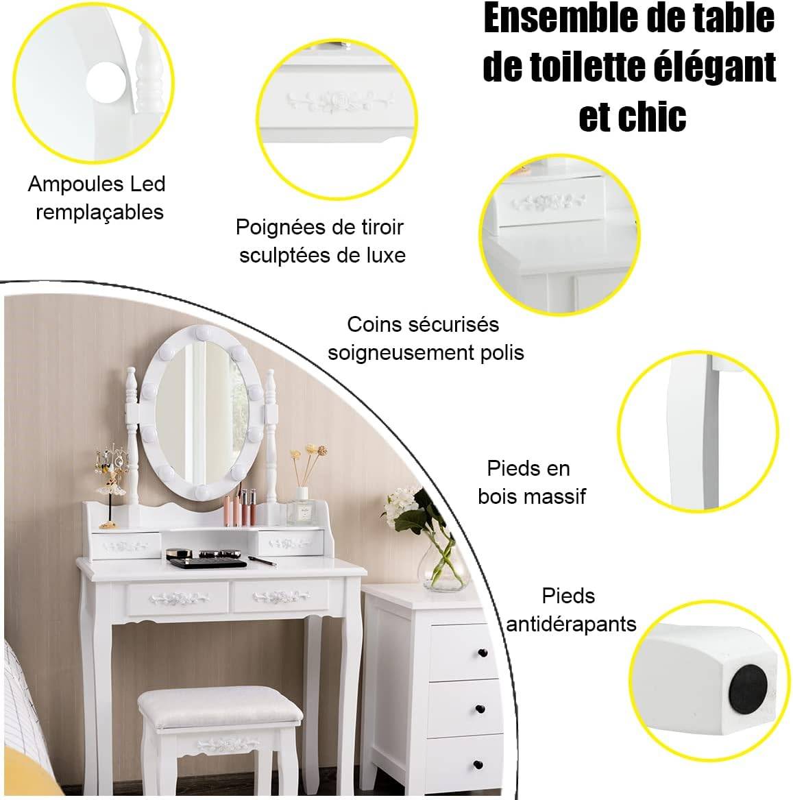 Coiffeuse avec 10 Ampoules, Table de Maquillage avec Tabouret, Miroir Ovale, 75x40x145cm Blanc - Image 2