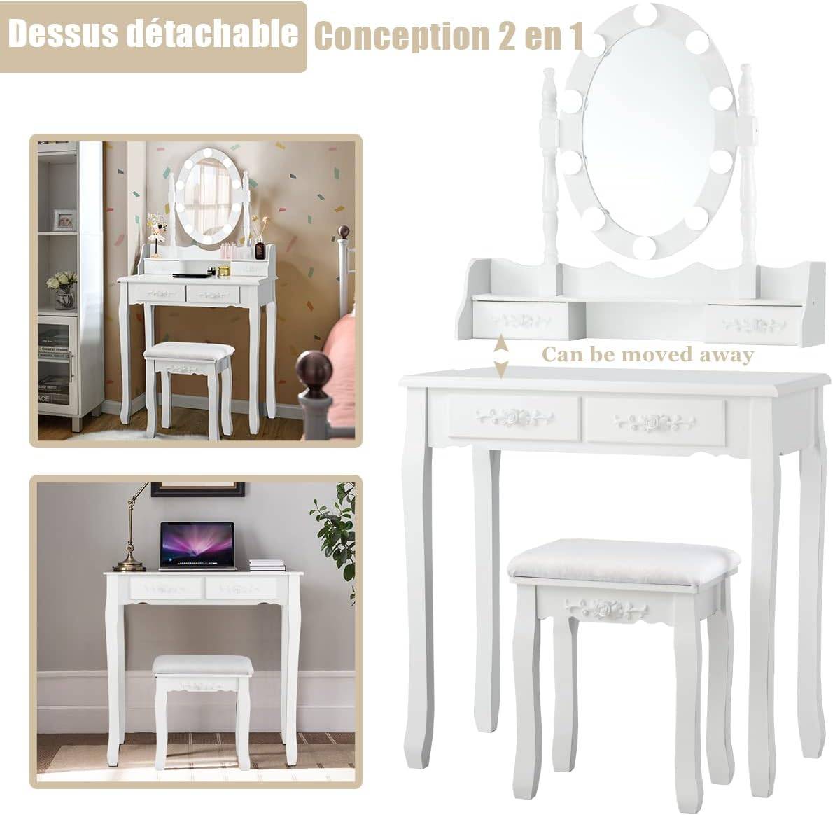 Coiffeuse avec 10 Ampoules, Table de Maquillage avec Tabouret, Miroir Ovale, 75x40x145cm Blanc - Image 4