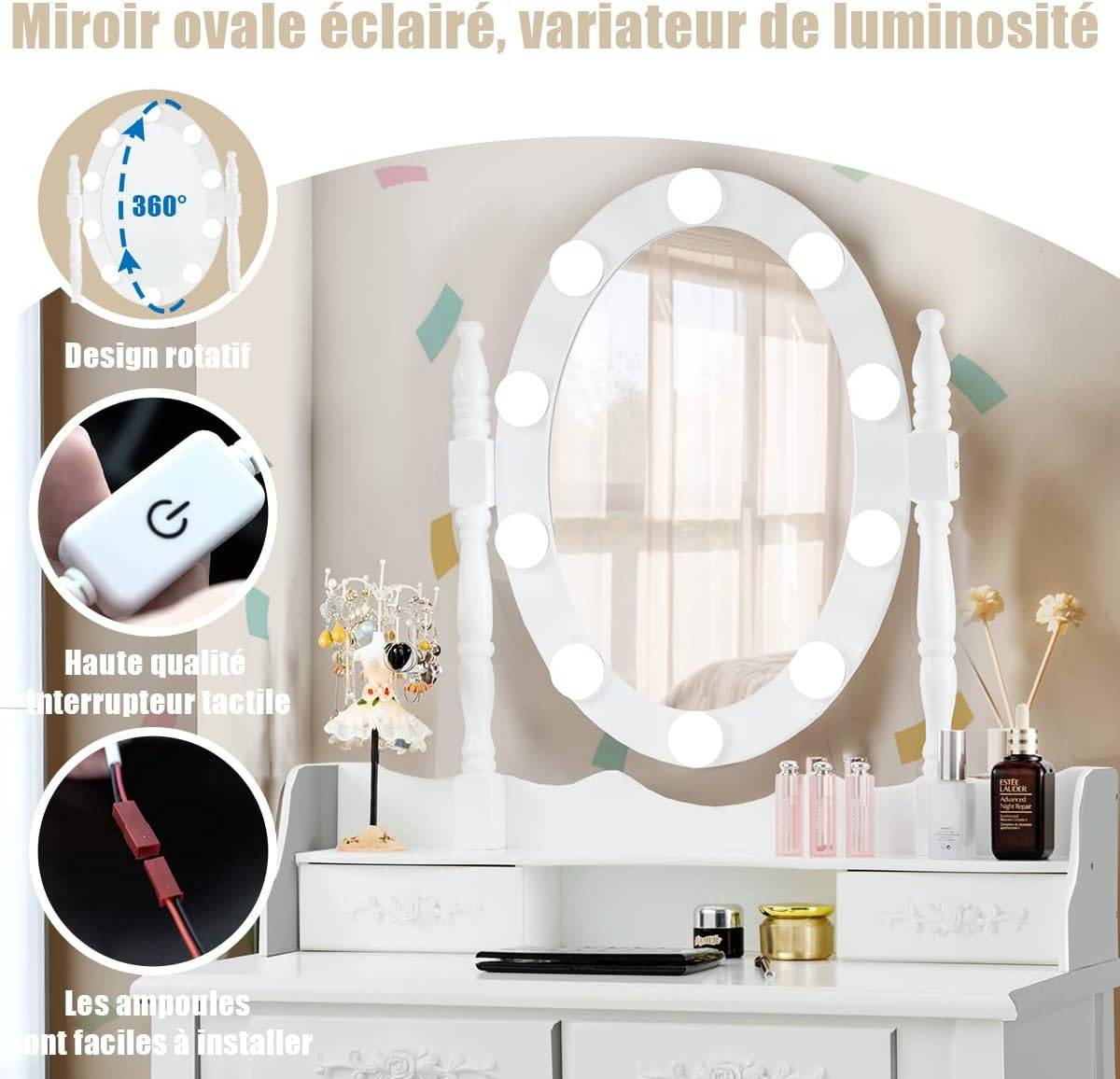 Coiffeuse avec 10 Ampoules, Table de Maquillage avec Tabouret, Miroir Ovale, 75x40x145cm Blanc - Image 3