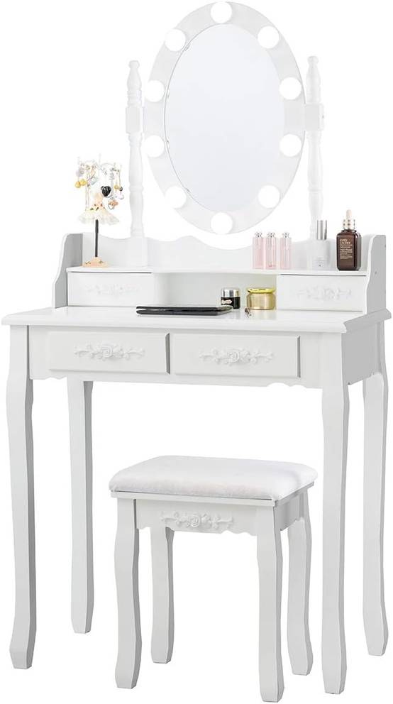 Coiffeuse avec 10 Ampoules, Table de Maquillage avec Tabouret, Miroir Ovale, 75x40x145cm Blanc - Image 1