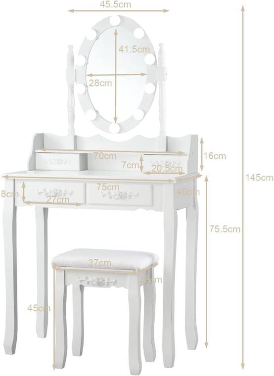 Coiffeuse avec 10 Ampoules, Table de Maquillage avec Tabouret, Miroir Ovale, 75x40x145cm Blanc - Image 5