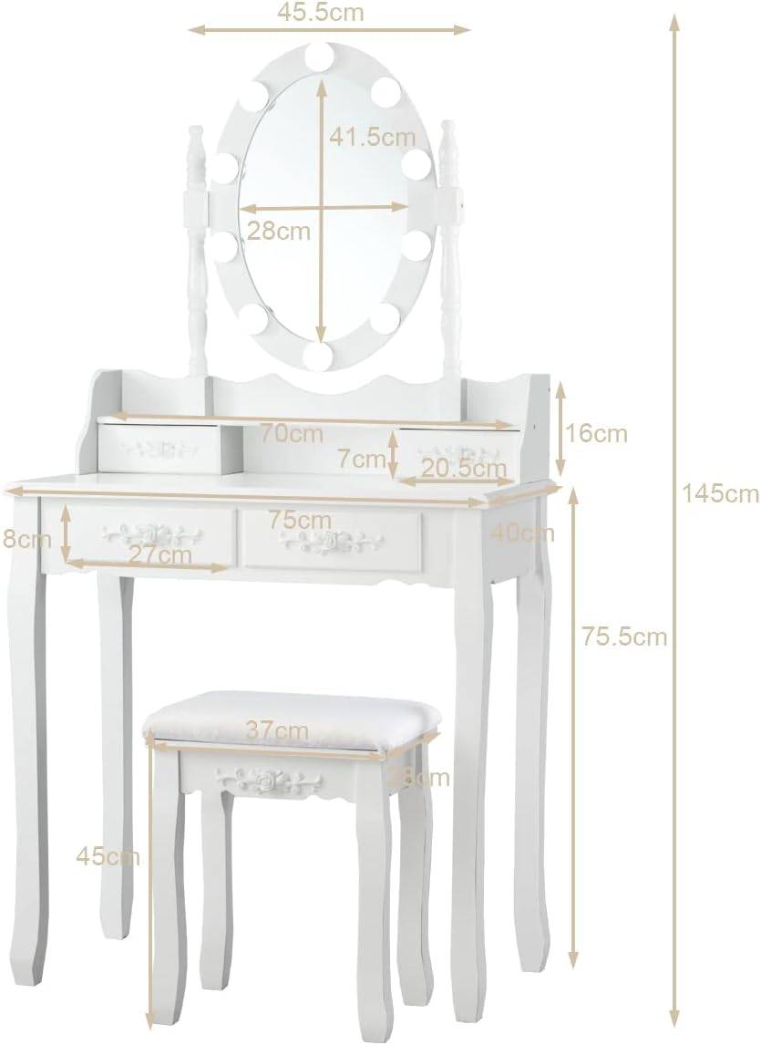 Coiffeuse avec 10 Ampoules, Table de Maquillage avec Tabouret, Miroir Ovale, 75x40x145cm Blanc - Image 5