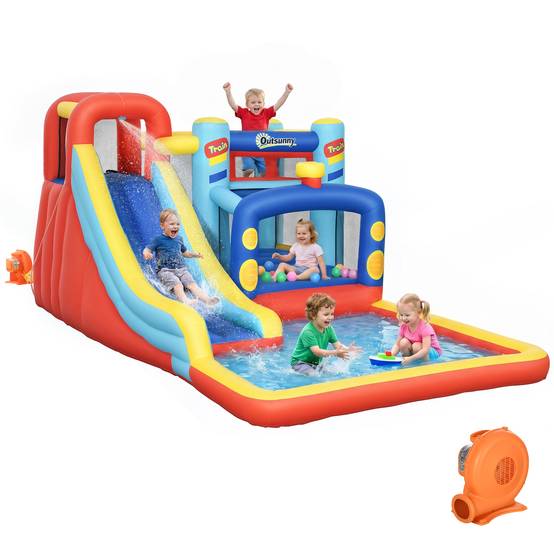 Château gonflable multicolore souffleur toboggan trampoline piscine sac de transport 435 × 245 × 200 cm 3 à 8 ans - Image 2