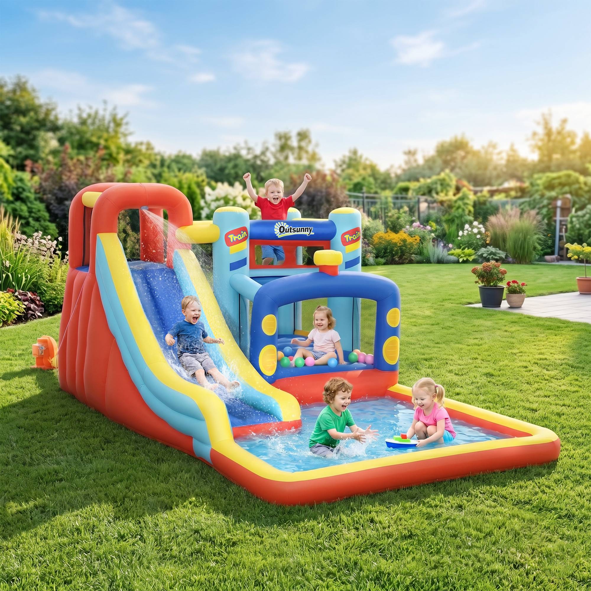 Château gonflable multicolore souffleur toboggan trampoline piscine sac de transport 435 × 245 × 200 cm 3 à 8 ans - Image 3