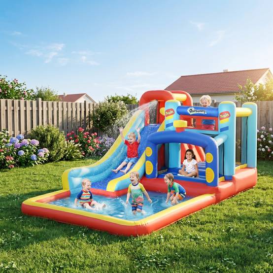 Château gonflable multicolore souffleur toboggan trampoline piscine sac de transport 435 × 245 × 200 cm 3 à 8 ans - Image 4
