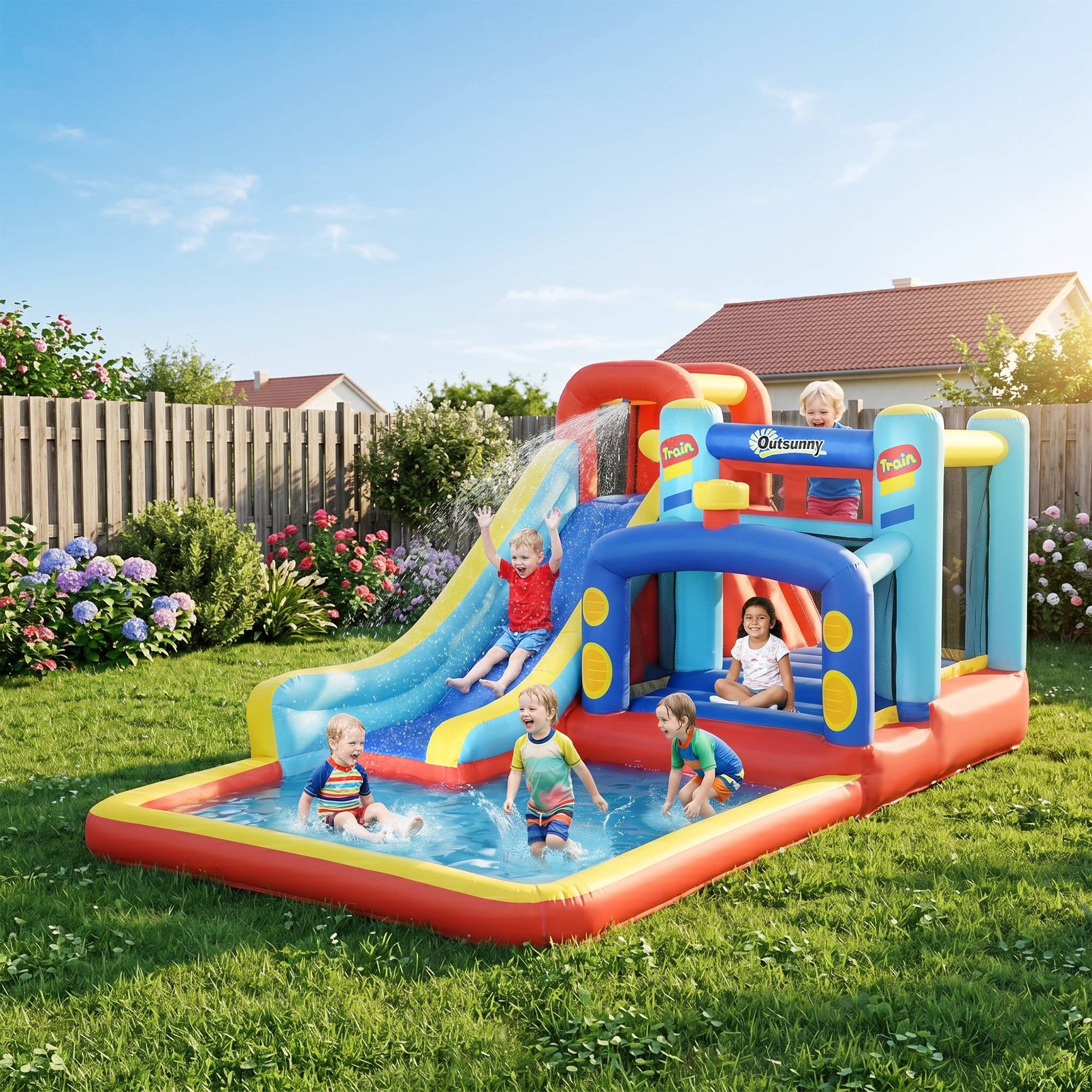 Château gonflable multicolore souffleur toboggan trampoline piscine sac de transport 435 × 245 × 200 cm 3 à 8 ans - Image 4