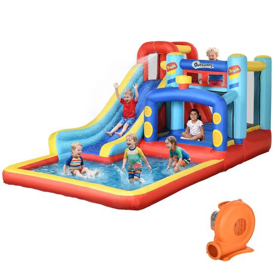 Château gonflable multicolore souffleur toboggan trampoline piscine sac de transport 435 × 245 × 200 cm 3 à 8 ans - Image 1