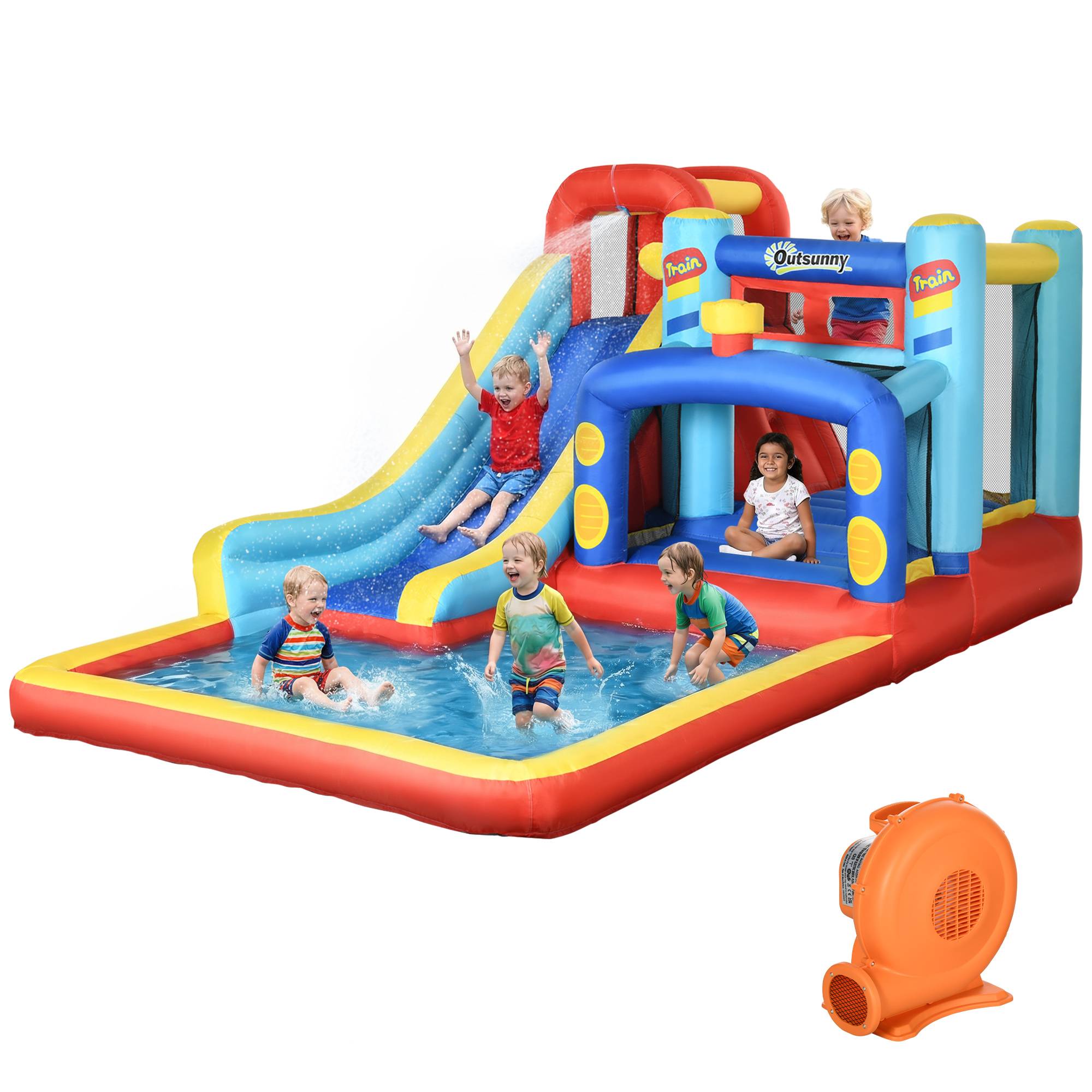 Château gonflable multicolore souffleur toboggan trampoline piscine sac de transport 435 × 245 × 200 cm 3 à 8 ans - Image 1