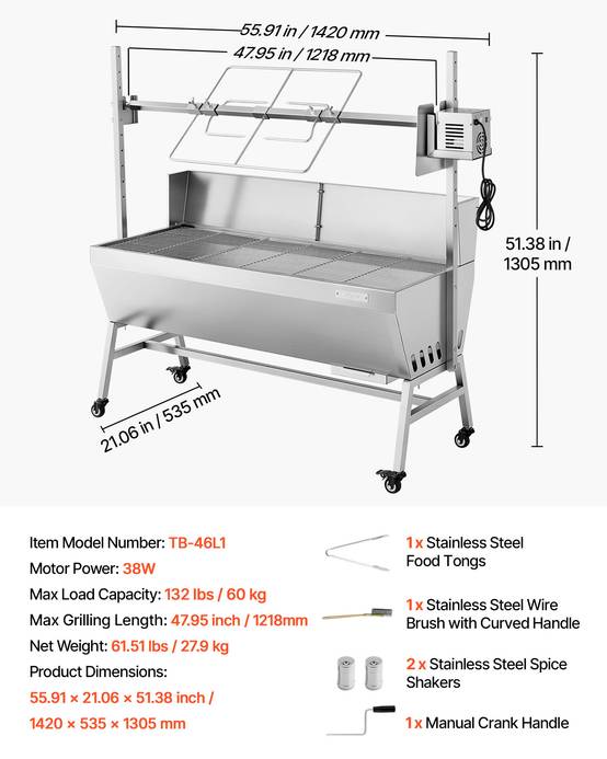 VEVOR Barbecue à Charbon Tournebroche Électrique 60 kg 4 Niveaux de Hauteur - Image 7