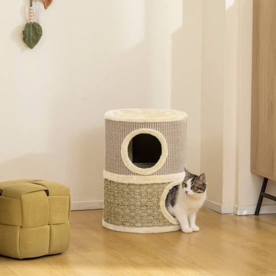 Tonneau à griffer compact pour chat avec 2 niches Griffoir en sisal 49 cm Kaki Café - ComfortXL Outdoor Living - Image 1