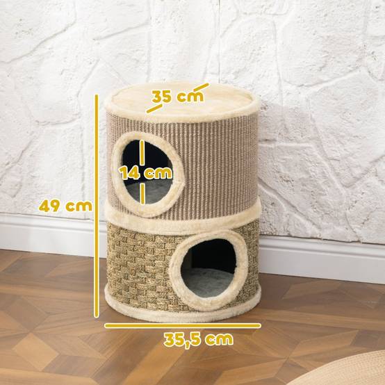 Tonneau à griffer compact pour chat avec 2 niches Griffoir en sisal 49 cm Kaki Café - ComfortXL Outdoor Living - Image 3