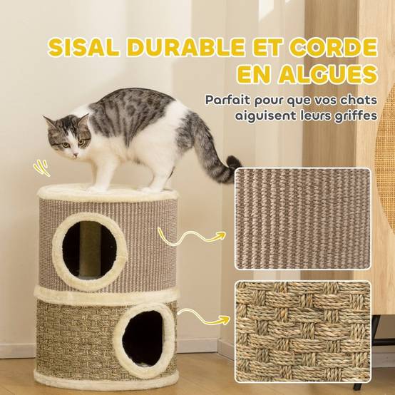 Tonneau à griffer compact pour chat avec 2 niches Griffoir en sisal 49 cm Kaki Café - ComfortXL Outdoor Living - Image 6