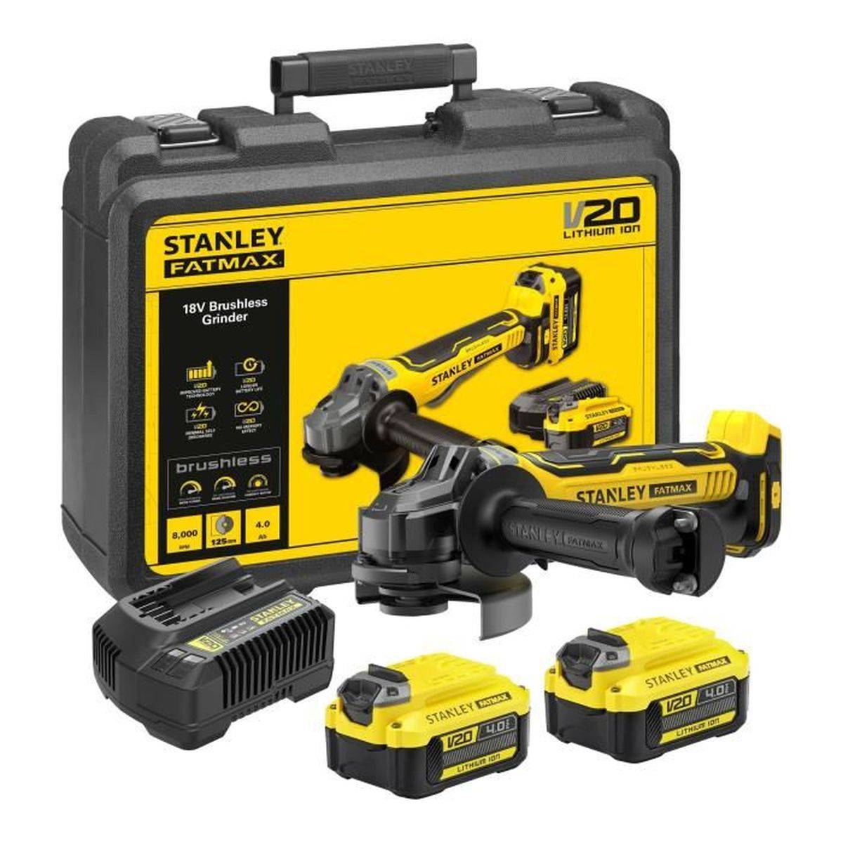stanley - Meuleuse d’angle sans fil 125 mm 18 V, sans balais, 8500 tr/min, frein électronique, coffret - STANLEY