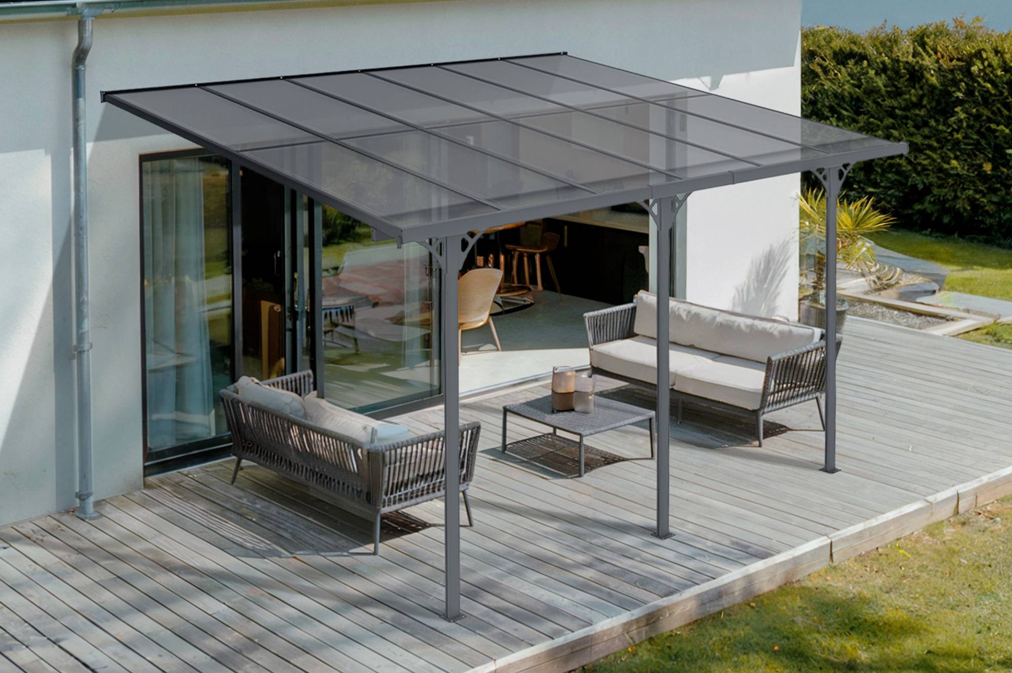 Cazeboo Pergola/Carport adossée 12m² KLEO 4x3 m gris - toit terrasse en aluminium et polycarbonate - Image 1