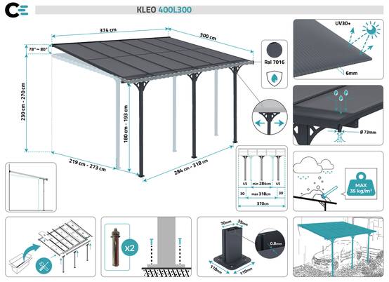 Cazeboo Pergola/Carport adossée 12m² KLEO 4x3 m gris - toit terrasse en aluminium et polycarbonate - Image 2