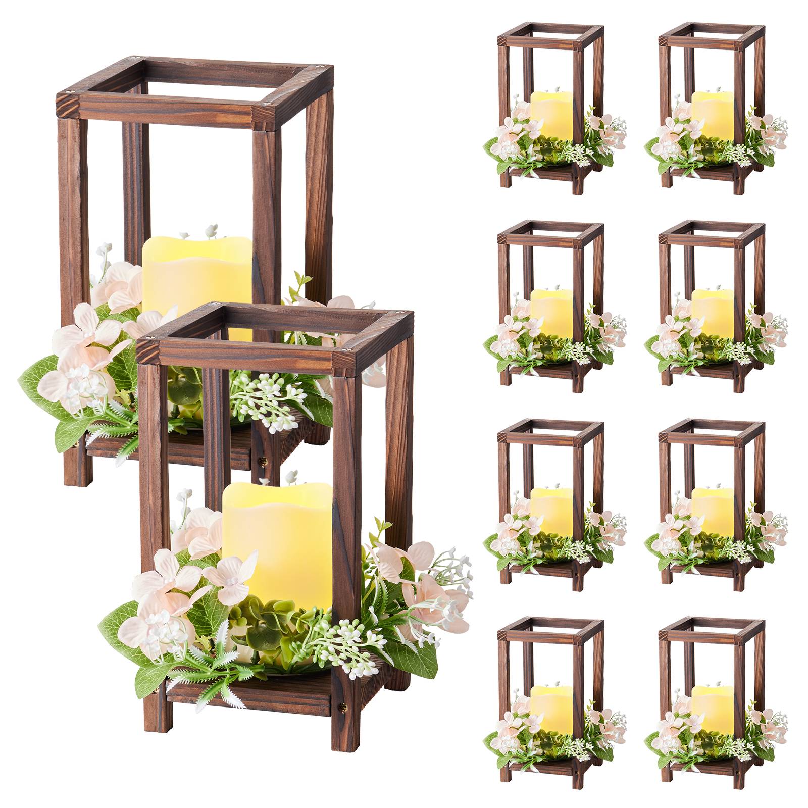 VEVOR Lanterne de Mariage Bois avec Bougies LED Couronnes Fleur Lot de 10 Marron - Image 1