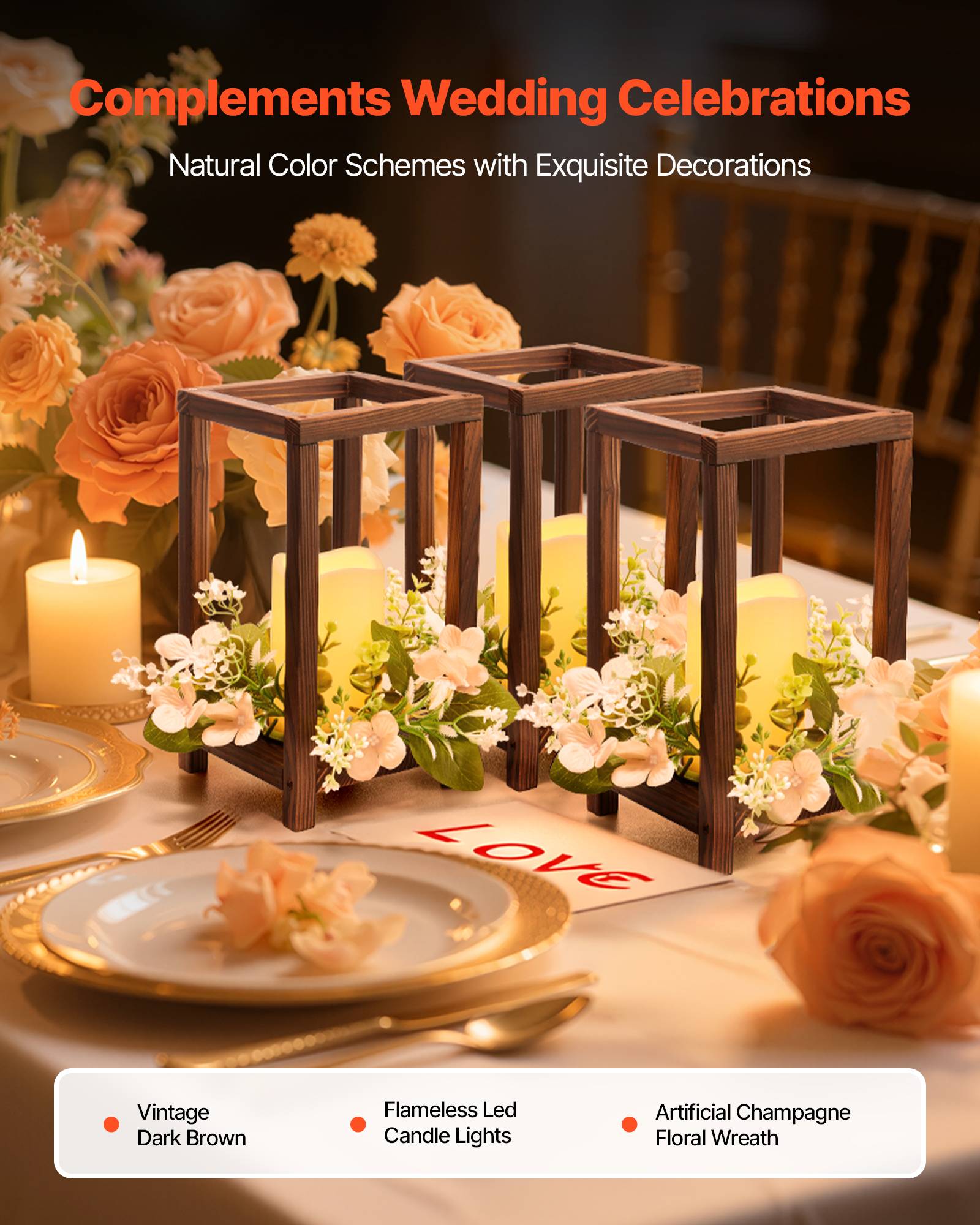 VEVOR Lanterne de Mariage Bois avec Bougies LED Couronnes Fleur Lot de 10 Marron - Image 2