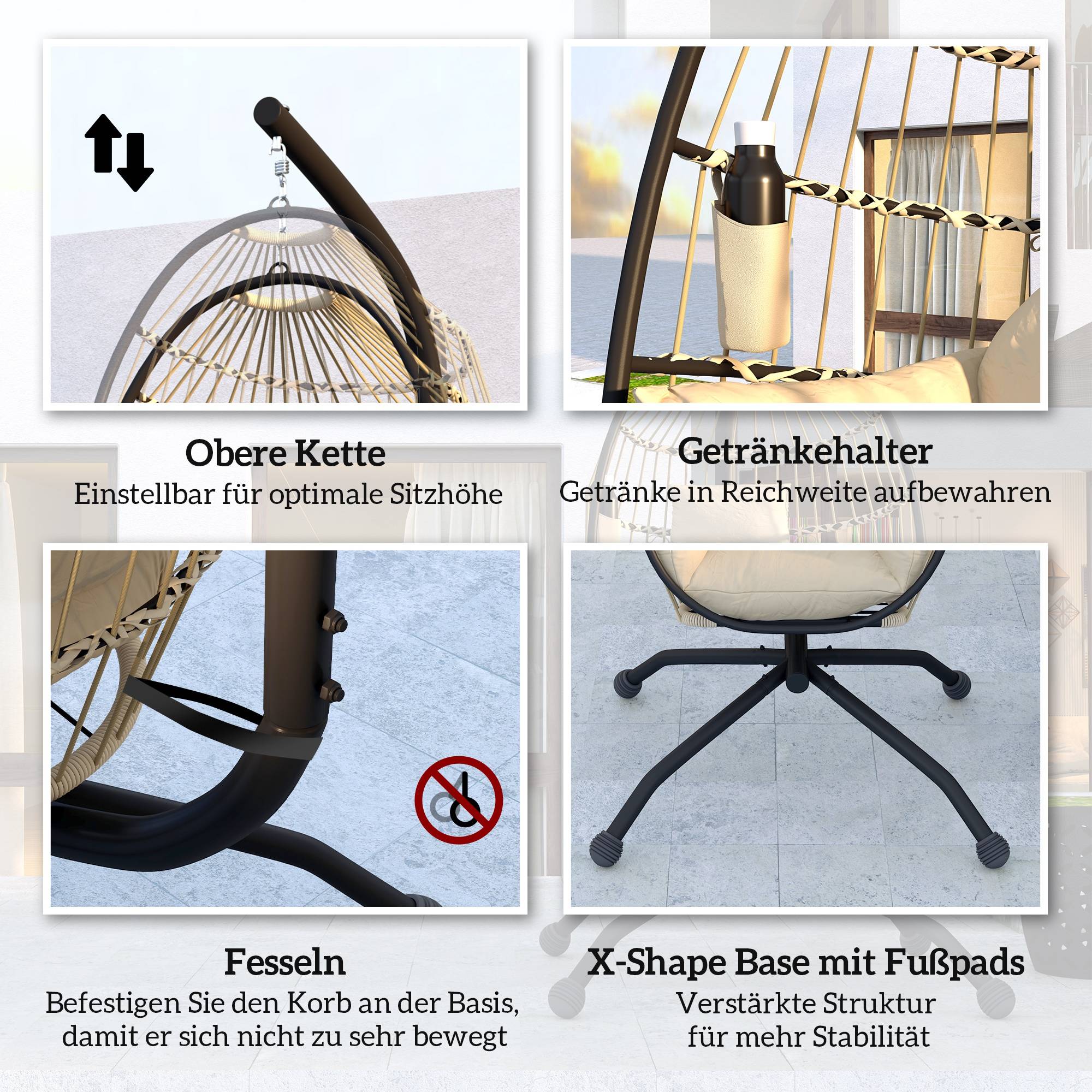 Fauteuil à bascule suspendu d’extérieur avec siège pliant en osier et coussins épais, pied, appuie-tête, porte-gobelet, kaki - Image 7