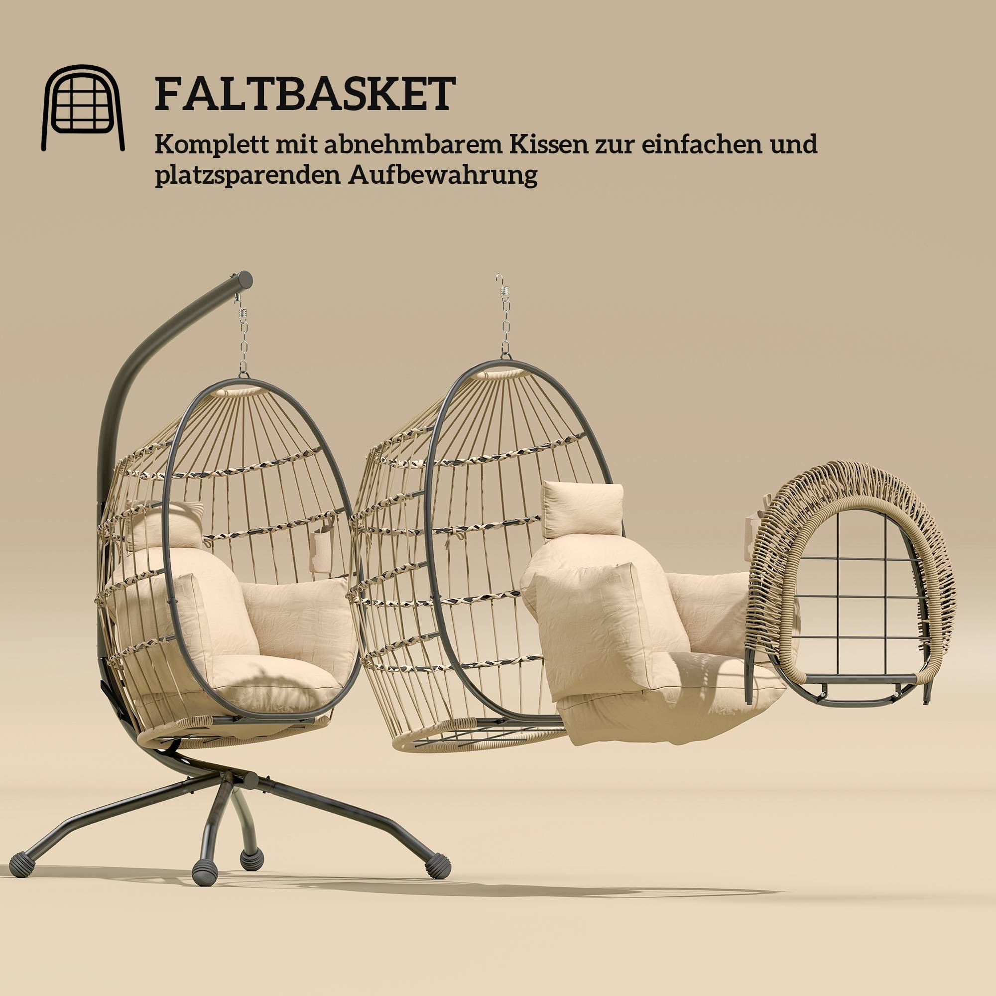 Fauteuil à bascule suspendu d’extérieur avec siège pliant en osier et coussins épais, pied, appuie-tête, porte-gobelet, kaki - Image 5