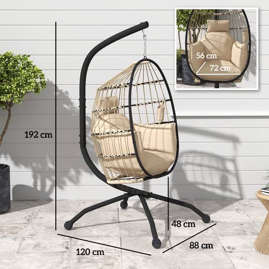 Fauteuil à bascule suspendu d’extérieur avec siège pliant en osier et coussins épais, pied, appuie-tête, porte-gobelet, kaki - Image 3
