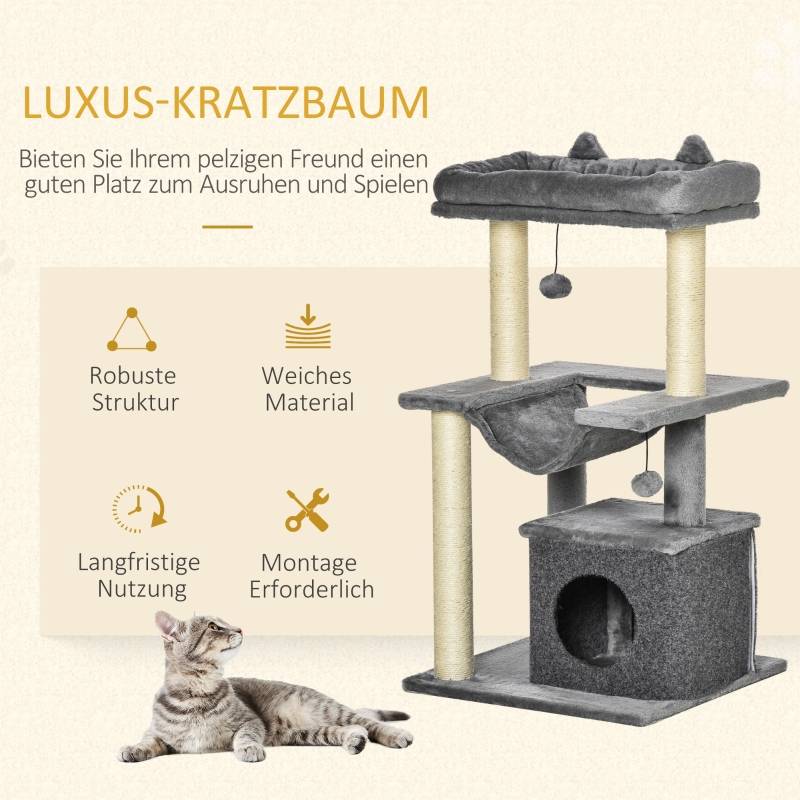 Arbre à chat 90cm hamac, grotte, plateformes, peluche et sisal gris pour le jeu félin - Image 4