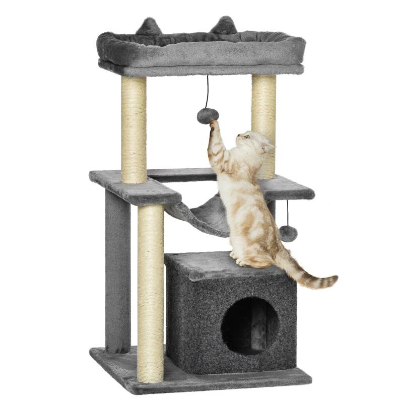 Arbre à chat 90cm hamac, grotte, plateformes, peluche et sisal gris pour le jeu félin - Image 1