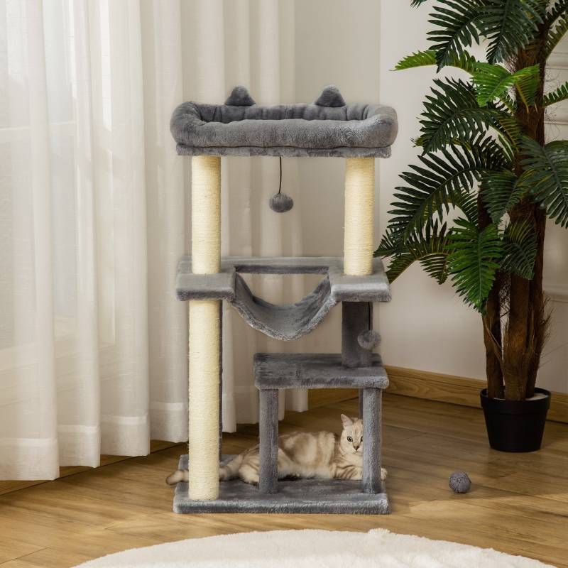 Arbre à chat 90cm hamac, grotte, plateformes, peluche et sisal gris pour le jeu félin - Image 7