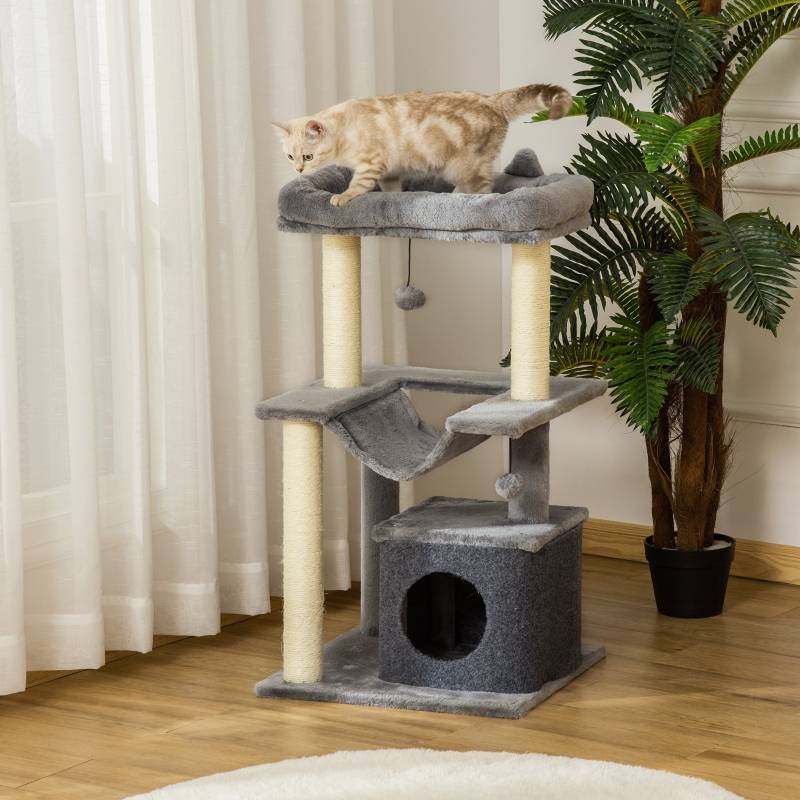 Arbre à chat 90cm hamac, grotte, plateformes, peluche et sisal gris pour le jeu félin - Image 2