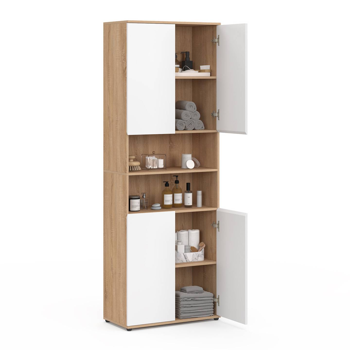 Meuble armoire colonne salle de bain TOMI 4 portes 2 niches façon hêtre et blanc - Image 4