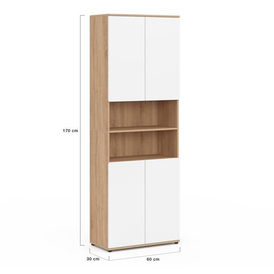 Meuble armoire colonne salle de bain TOMI 4 portes 2 niches façon hêtre et blanc - Image 5