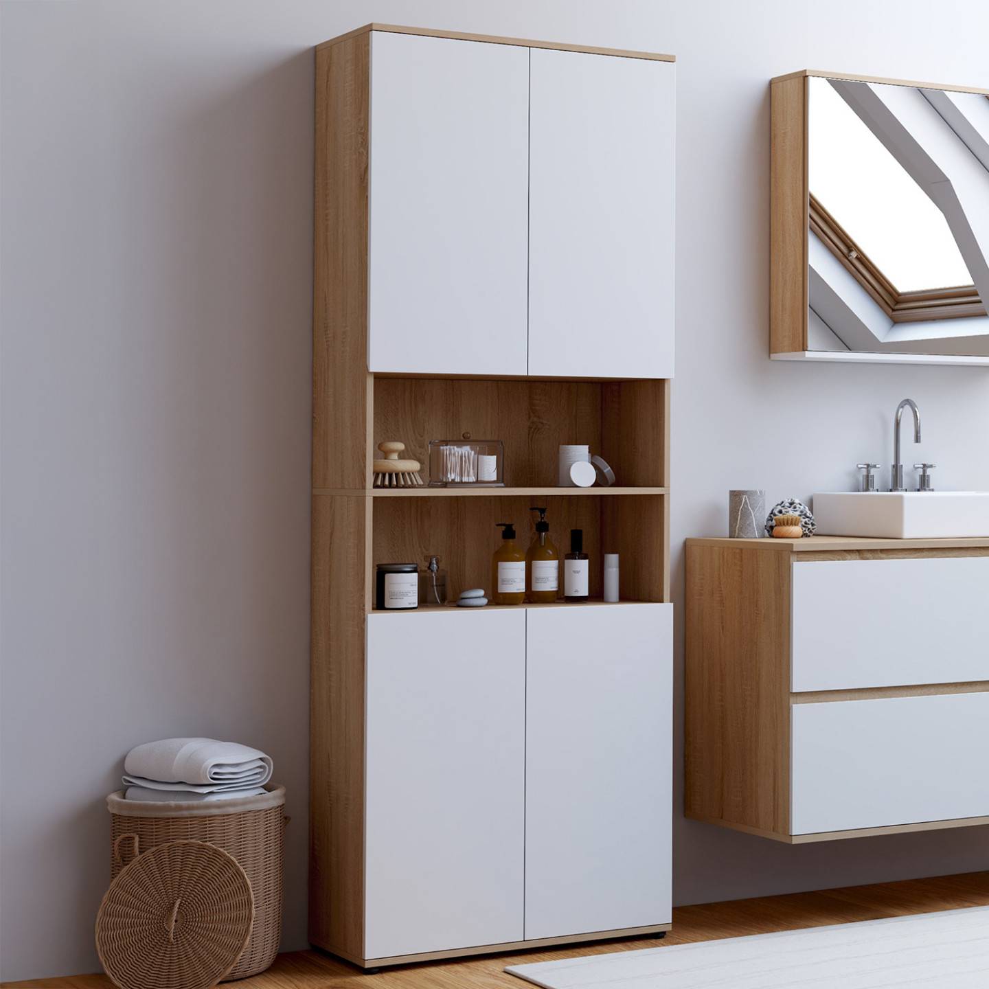 Meuble armoire colonne salle de bain TOMI 4 portes 2 niches façon hêtre et blanc - Image 1