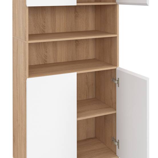Meuble armoire colonne salle de bain TOMI 4 portes 2 niches façon hêtre et blanc - Image 6