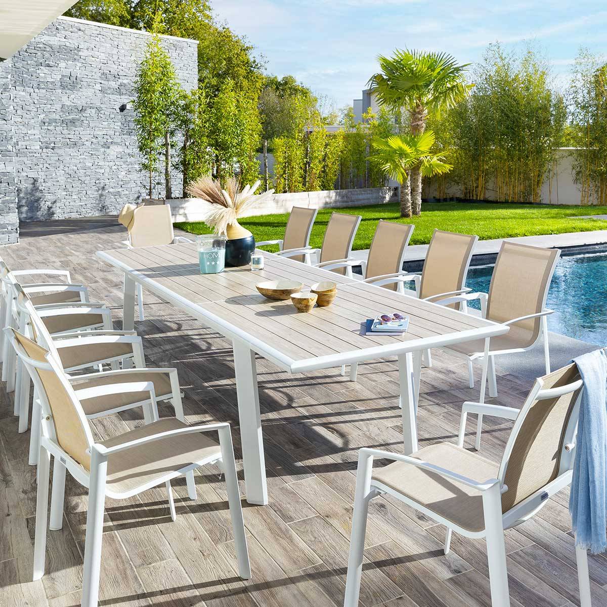 Hesperide - Table de jardin extensible "Pavane" lin & blanc 12 places en aluminium traité époxy - Hespéride