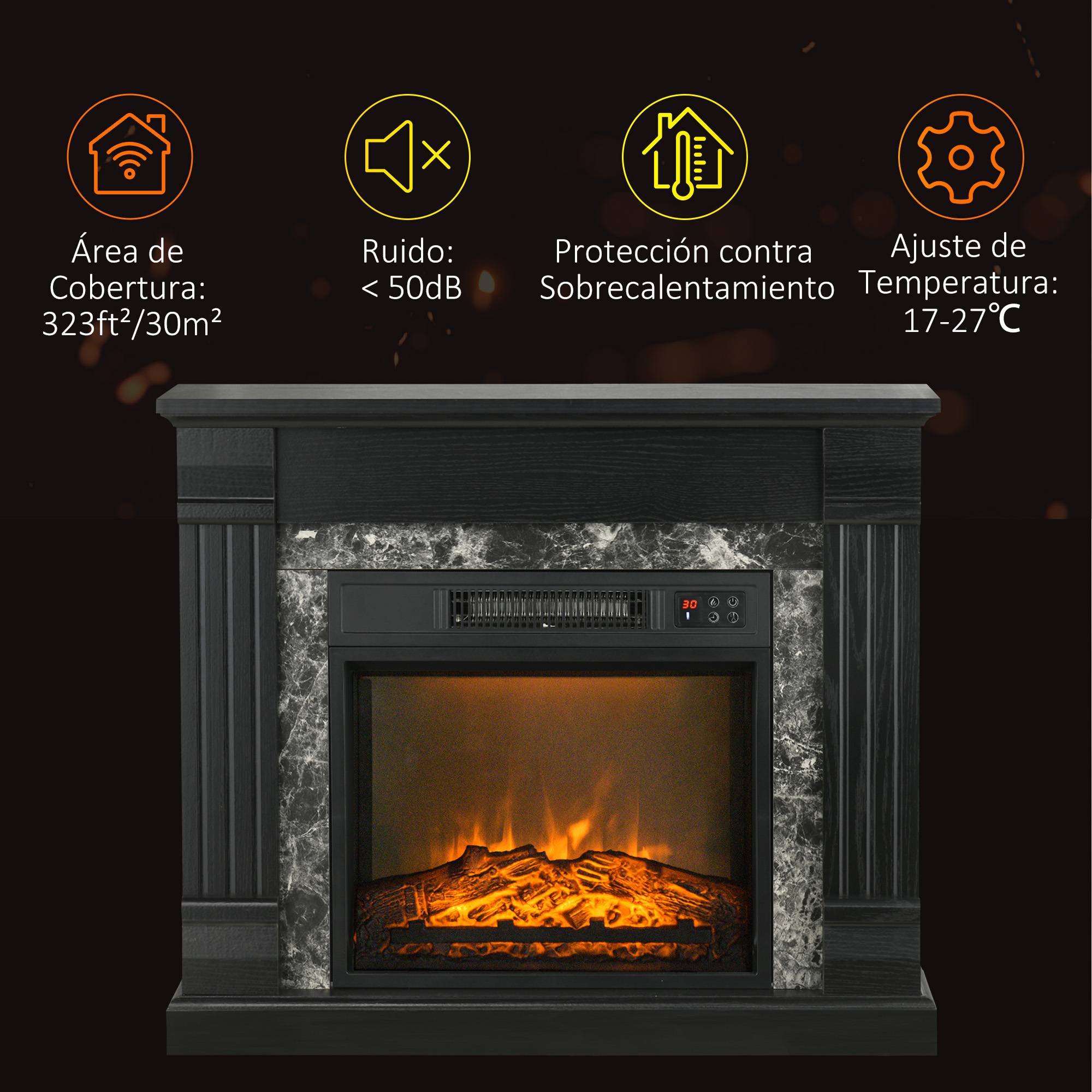 Cheminée électrique 1800W décorative effet flamme télécommande minuterie 80x21,6x67,8 cm noir - Image 9